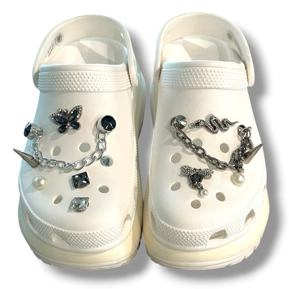 Crocs white mega crush platform clogs w spike pearl chain butterfly charms M5/W7